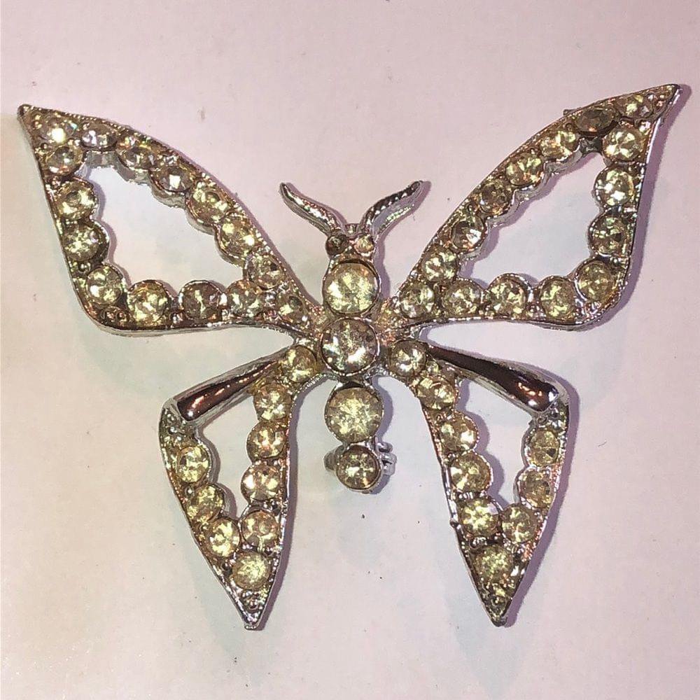 Vintage Silver Tone & CZ Rhinestone Butterfly Boho Brooch Shoulder Pin